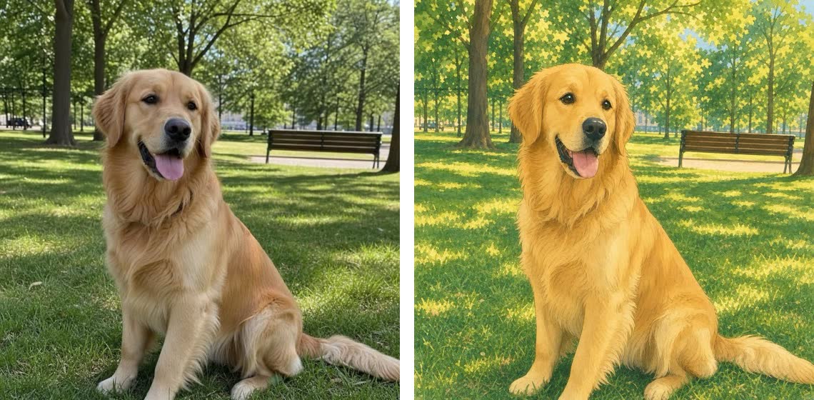 The same dog in a park, photographed on the left and redrawn in the style of Studio Ghibli on the right. Both pictures were made with OpenAI's image model for this post.